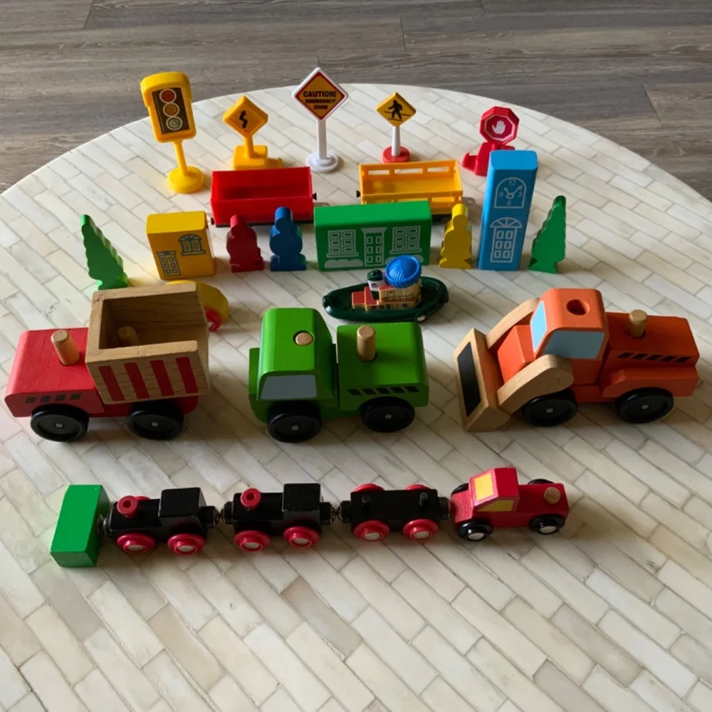 Wooden & plastic toys, cars, trains, boat set of 25 pieces